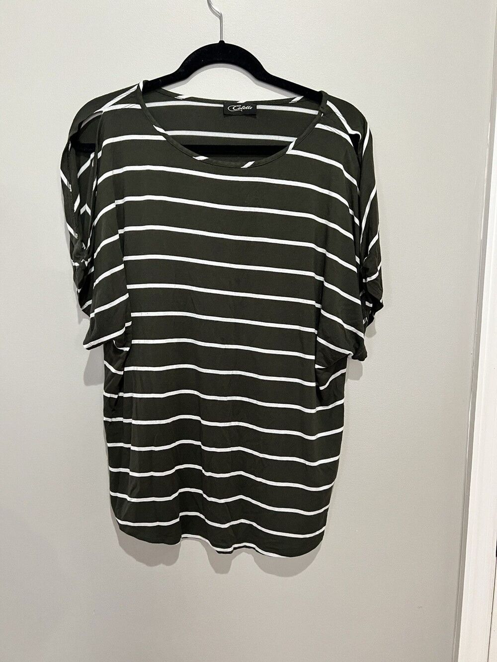 Stitch Fix Short Sleeve Cold Shoulder Green with White Striped T-Shirt - Large